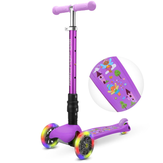 Purple children's scooter with colorful wheels and a matching helmet on a white background