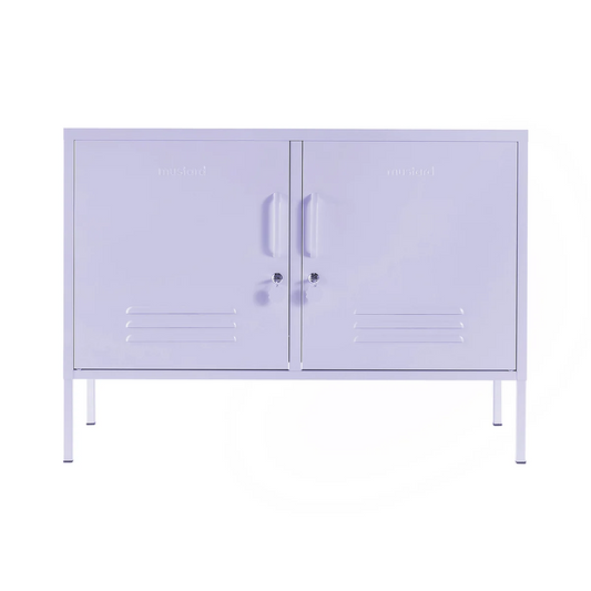 Purple metal cabinet with two doors on a white background