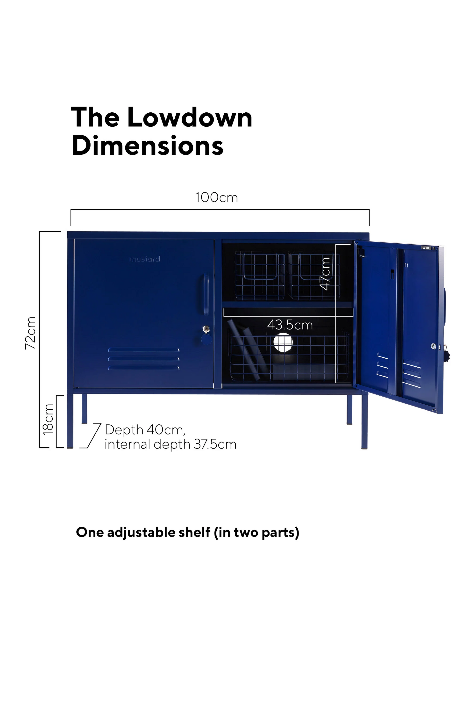 Blue locker with dimensions labeled on a white background
