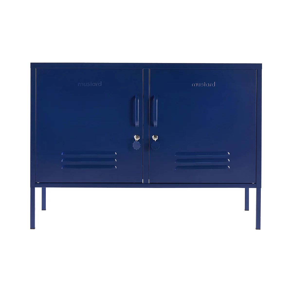 Blue locker with a brand name on a white background