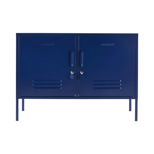 Blue locker with a brand name on a white background