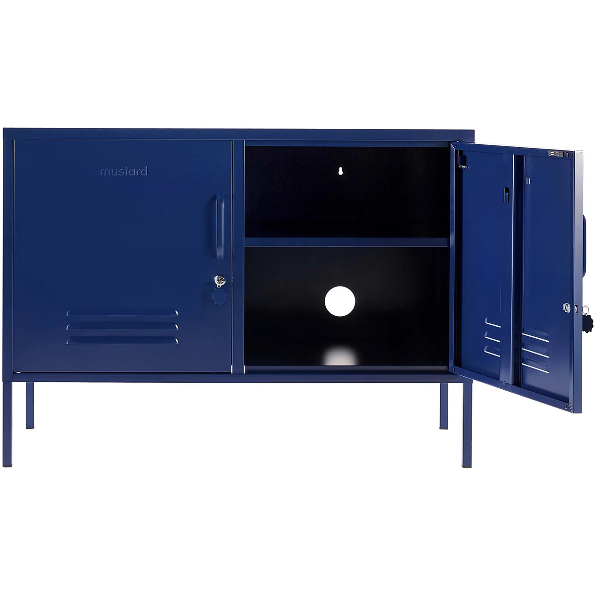 Blue locker with open doors on a white background