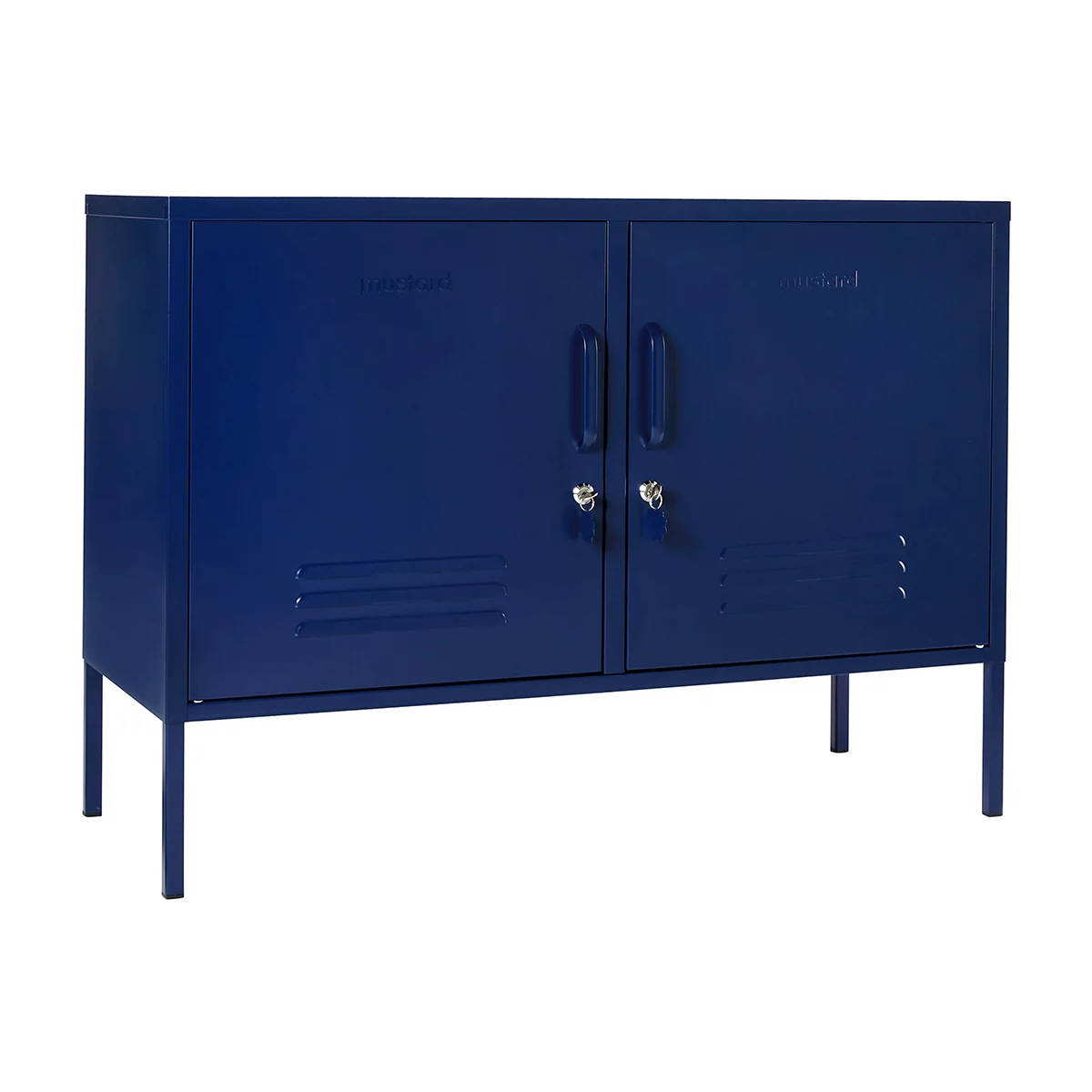 Blue metal locker with two doors on a white background