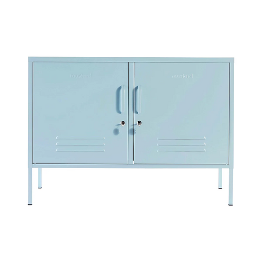 Light blue cabinet with two doors on a white background