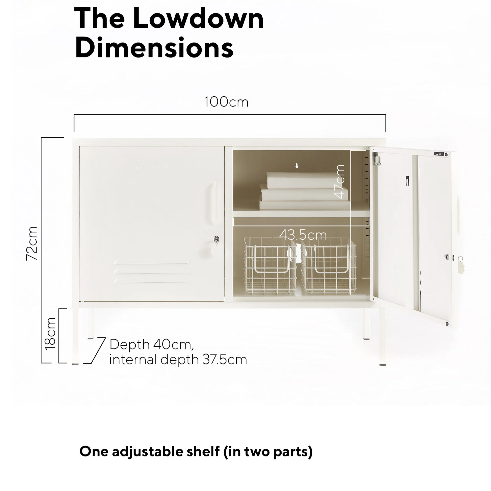 Dimensions of a white cabinet with shelves on a white background