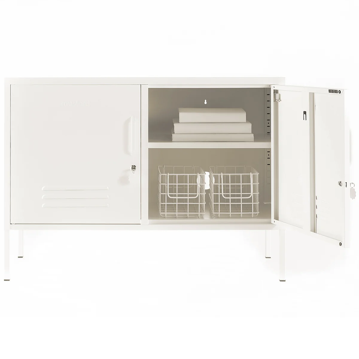 White storage cabinet with open door showing shelves on a white background