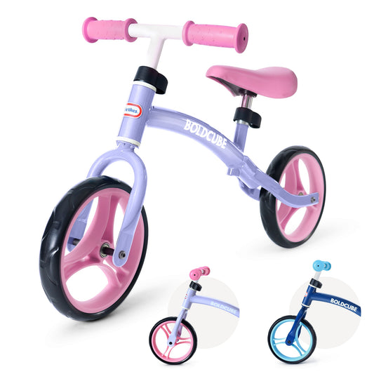 Children's balance bike with pink and purple design on a white background