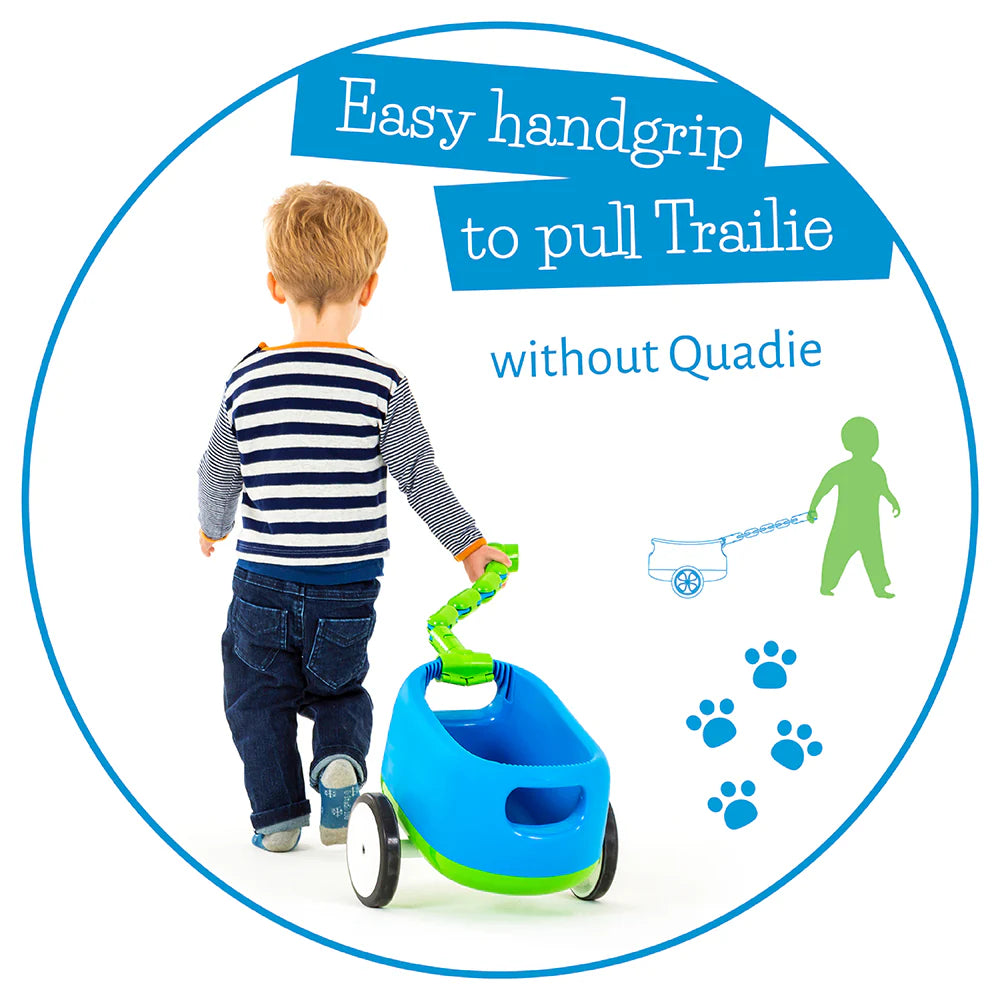 Child pulling a blue and green Trailie with text about an easy handgrip feature.