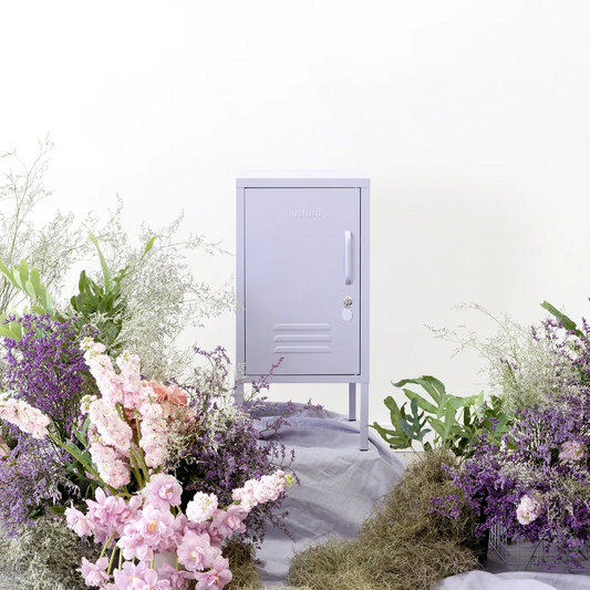 Purple locker with floral arrangements on a white background