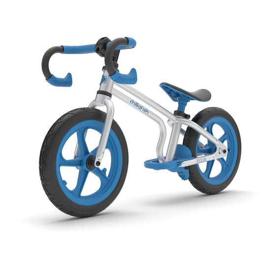 Children's balance bike with blue wheels and handlebar grips on a white background