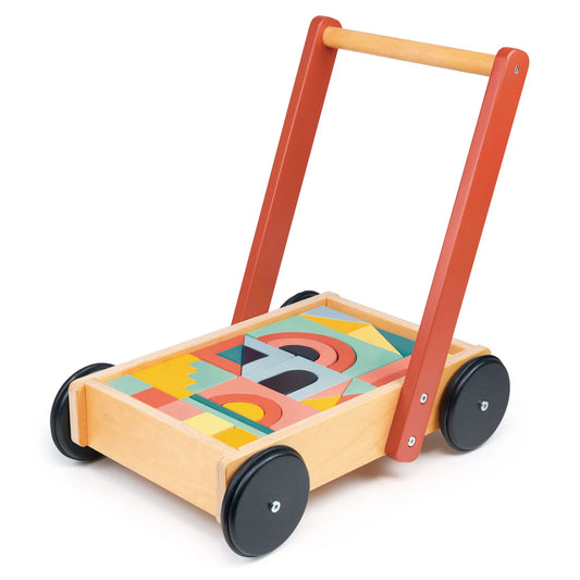Wooden toy push cart with geometric shapes on a white background