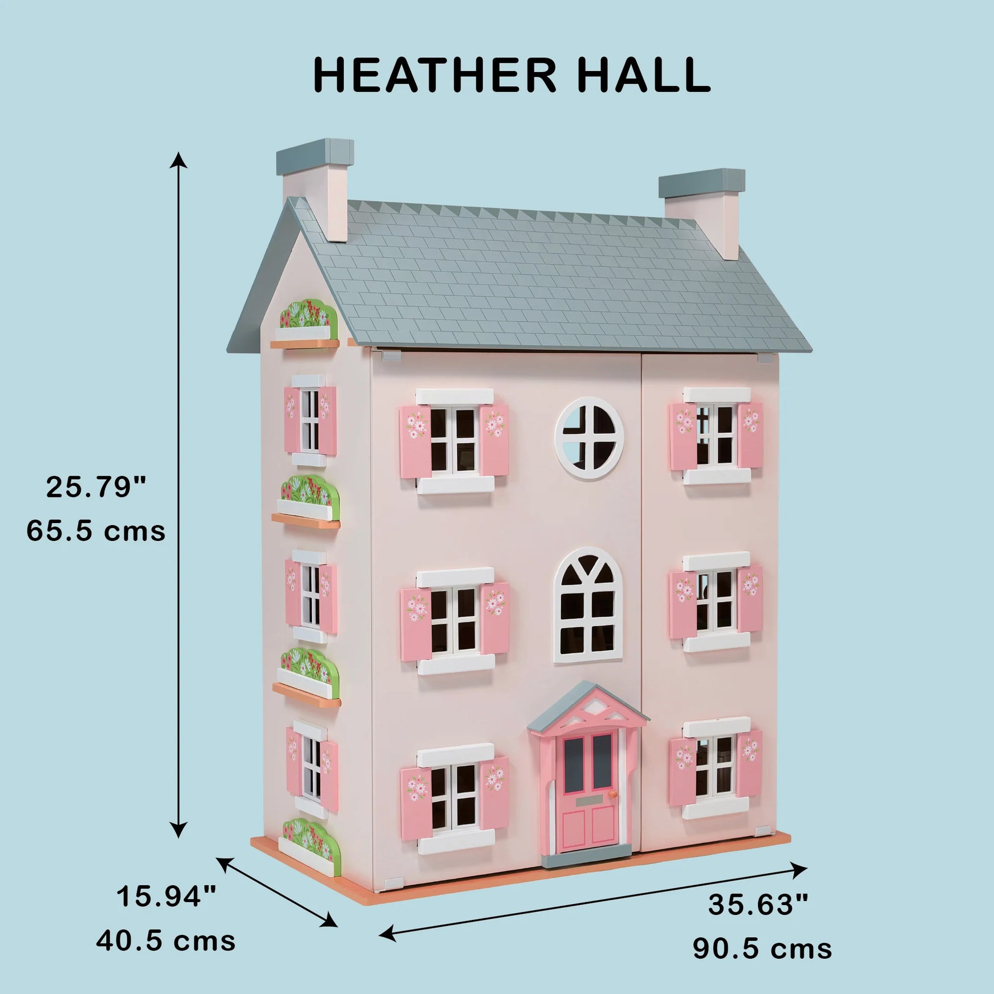 Measurement chart of a dollhouse labeled 'Heather Hall' on a light blue background