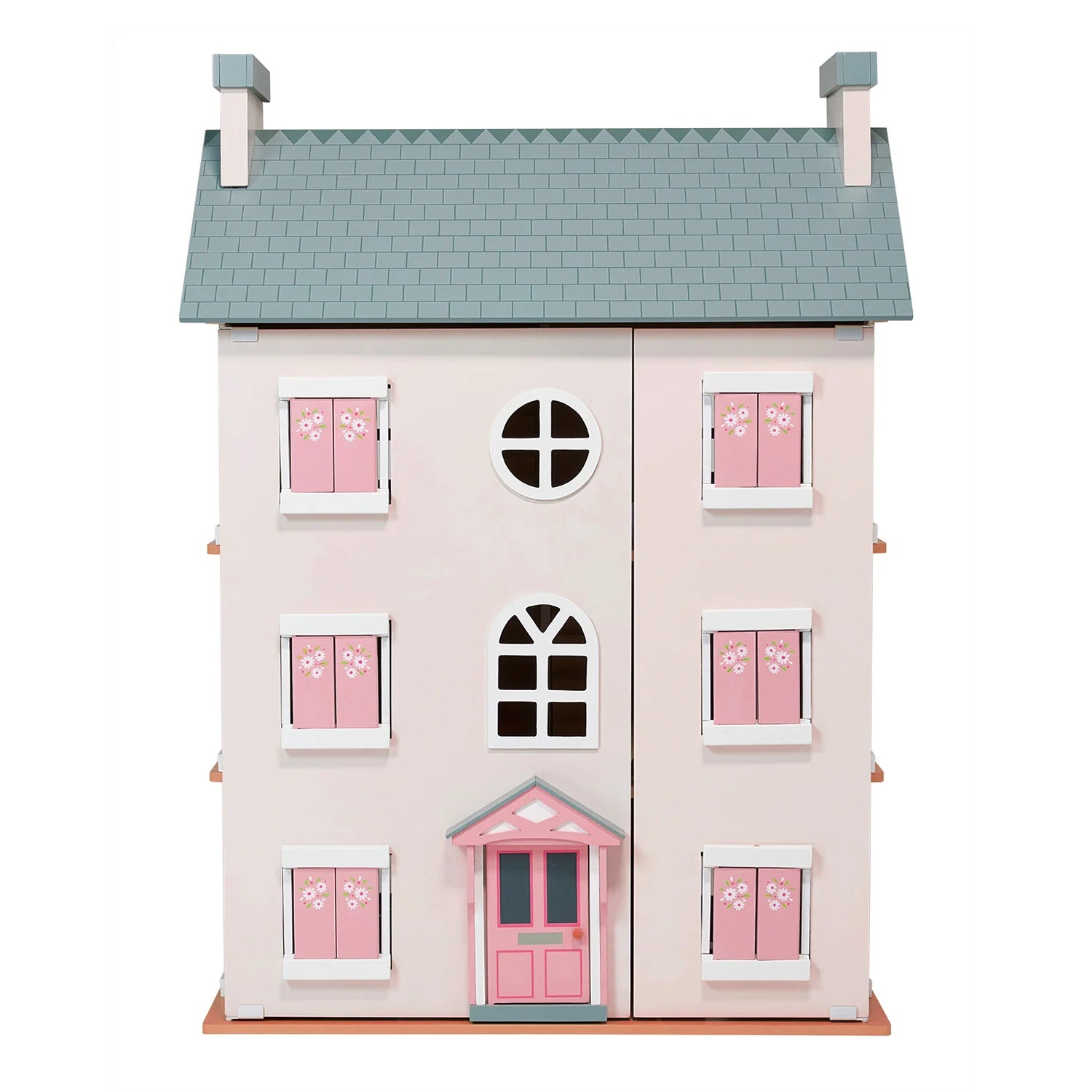 Pink dollhouse with a gray roof on a white background