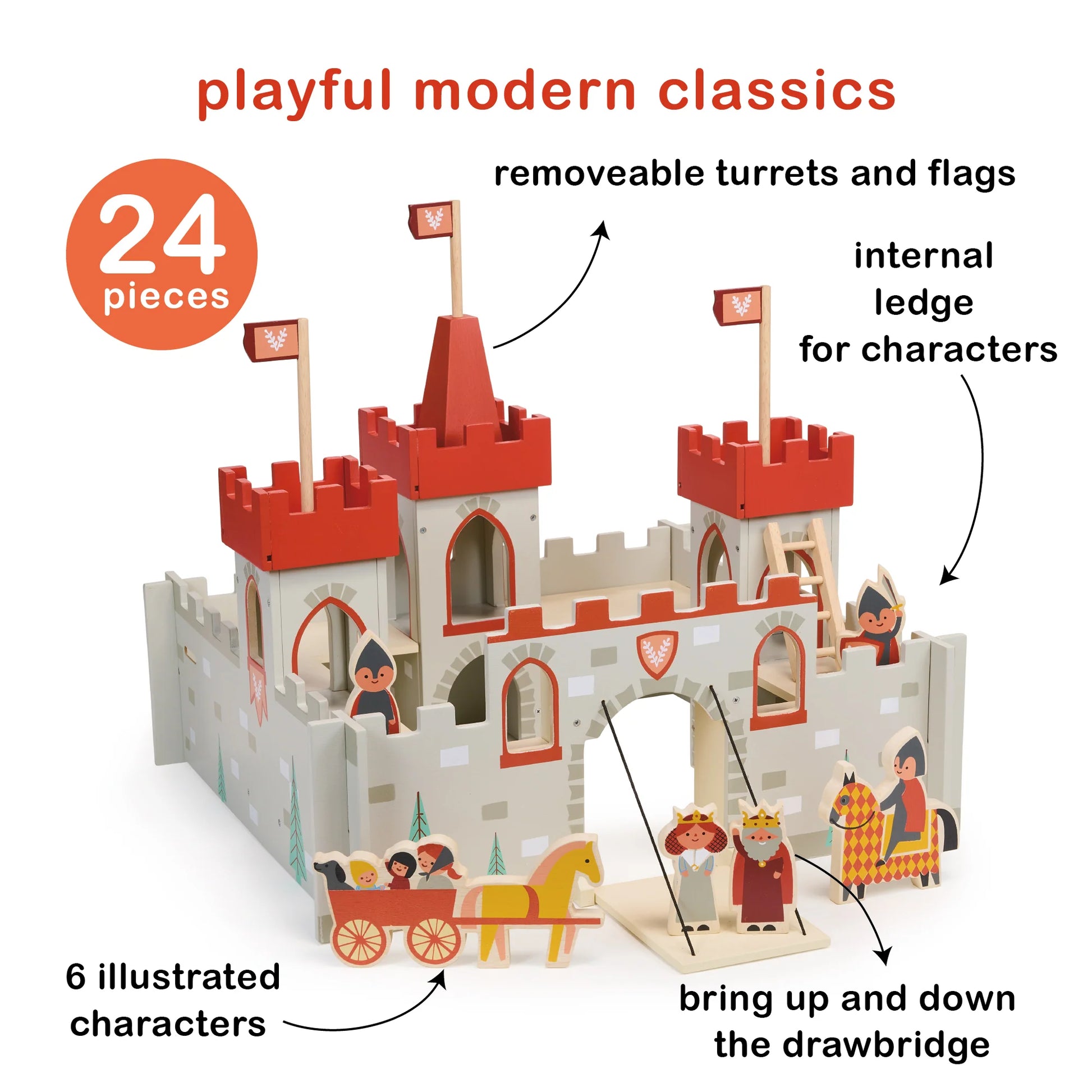 Wooden castle toy with features highlighted on a white background