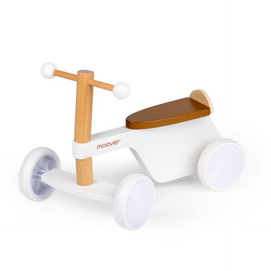 Children's balance bike with wooden handlebar and seat on a white background