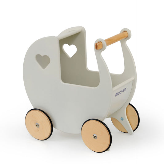 Children's toy pram with wooden wheels and handle on a white background