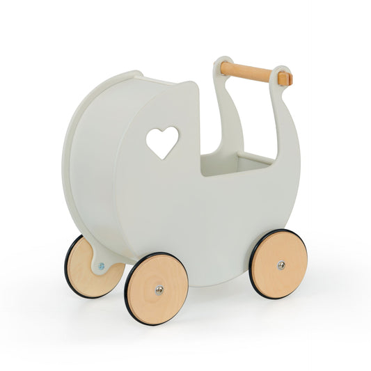 White toy pram with wooden wheels and handle on a white background