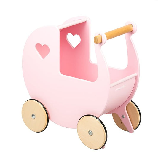 Pink toy pram with wooden wheels and handle on a white background