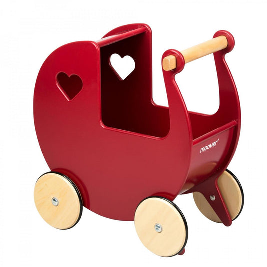 Red toy stroller with wooden wheels and handle on a white background
