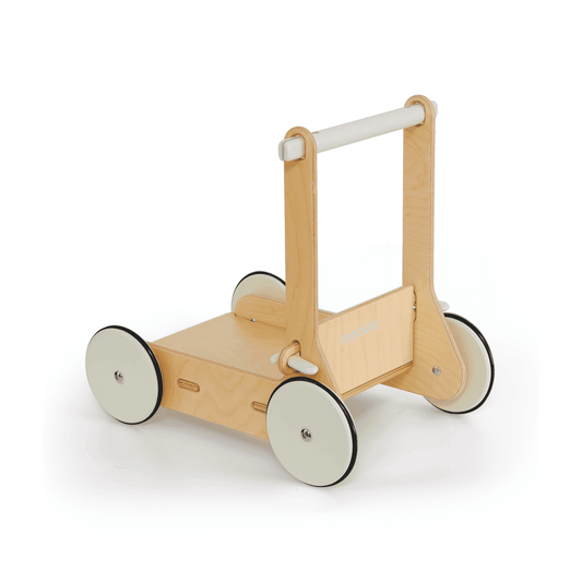 Wooden children's push cart with white handle on a white background