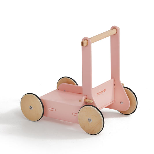 Pink and wooden children's push toy on a white background