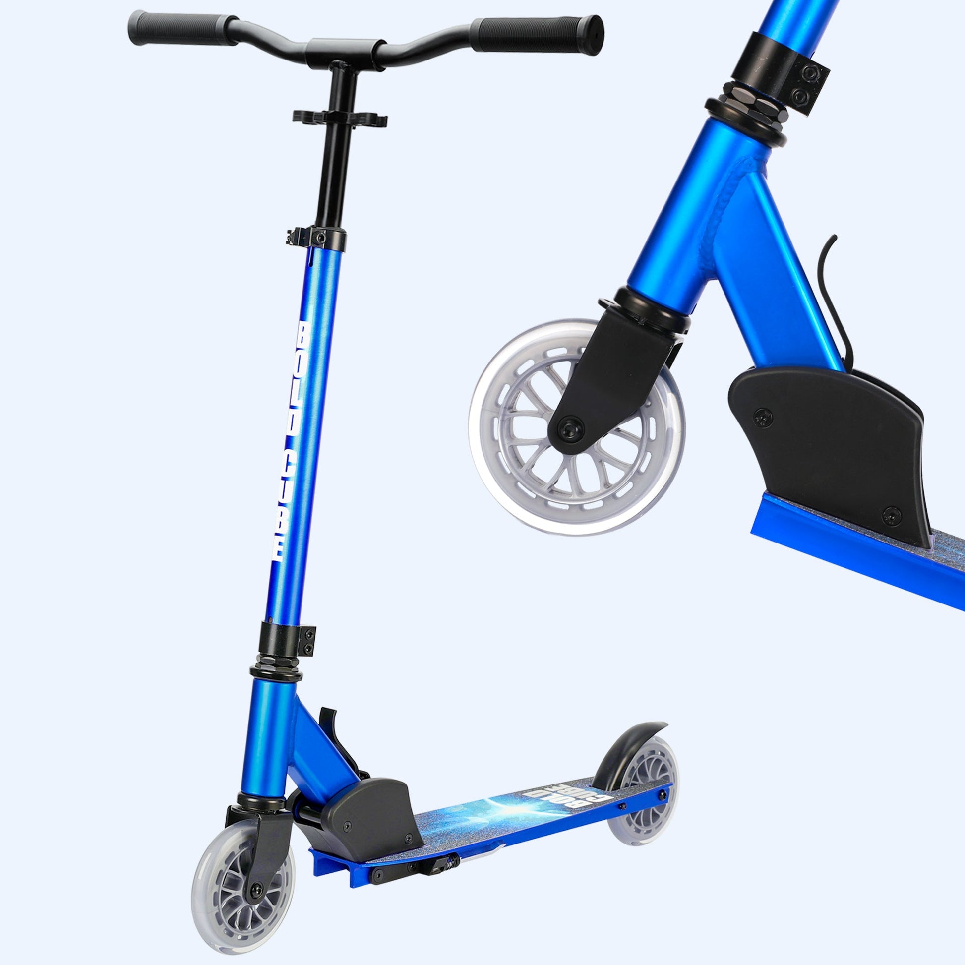 Blue scooter with black handlebar and wheels on a white background