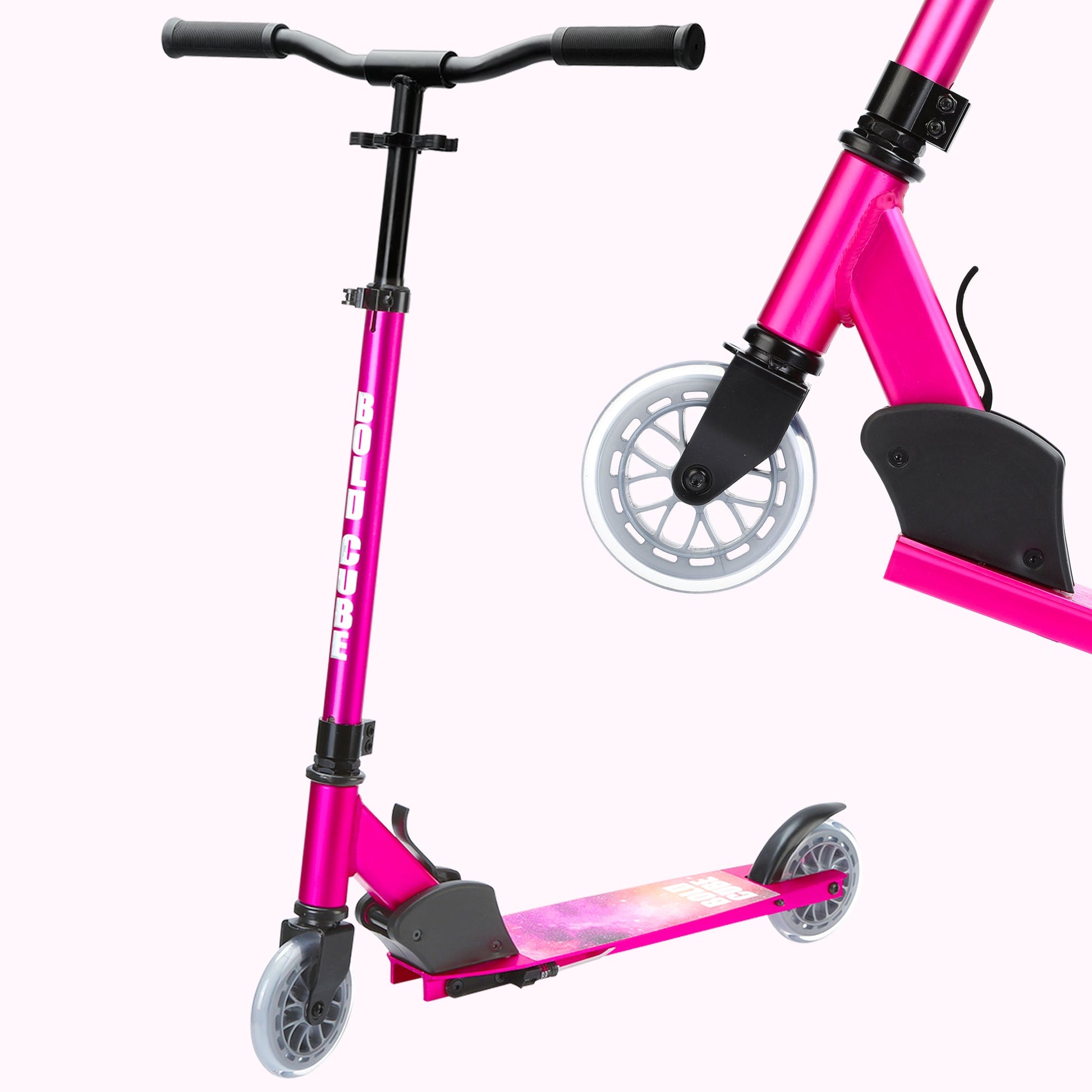 Pink scooter with black handlebars and wheels on a white background