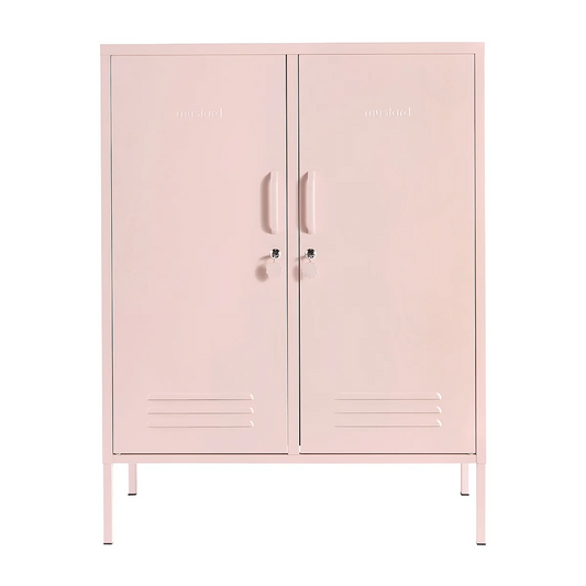 Pink metal locker with two doors on a white background