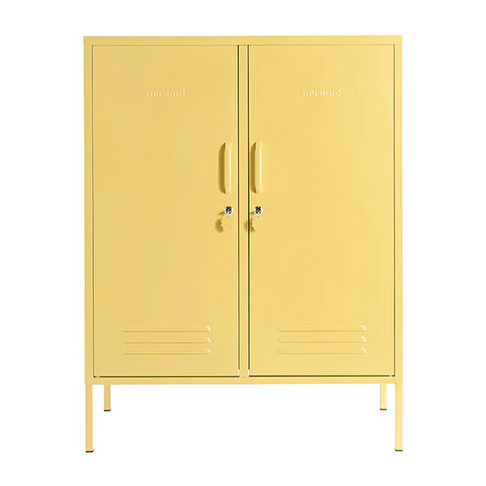 Yellow metal cabinet with gold handles on a white background