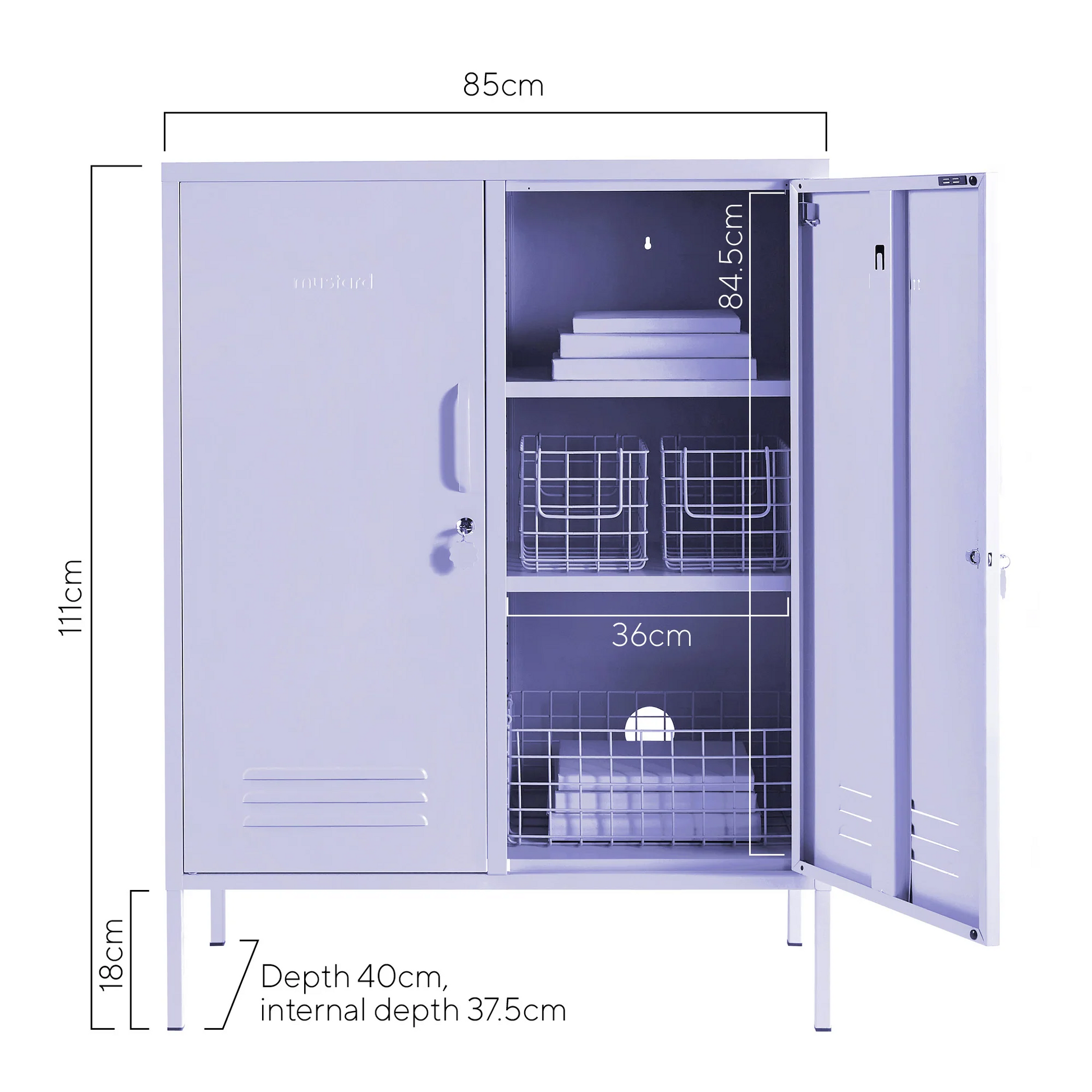 Dimensions of a storage cabinet with open doors showing shelves, on a white background.