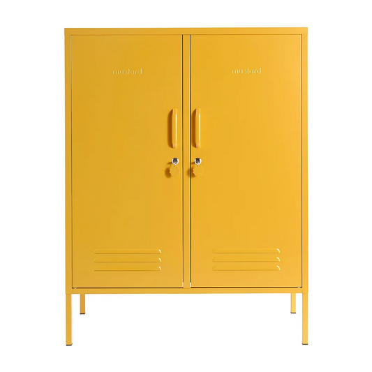Yellow metal cabinet with double doors on a white background