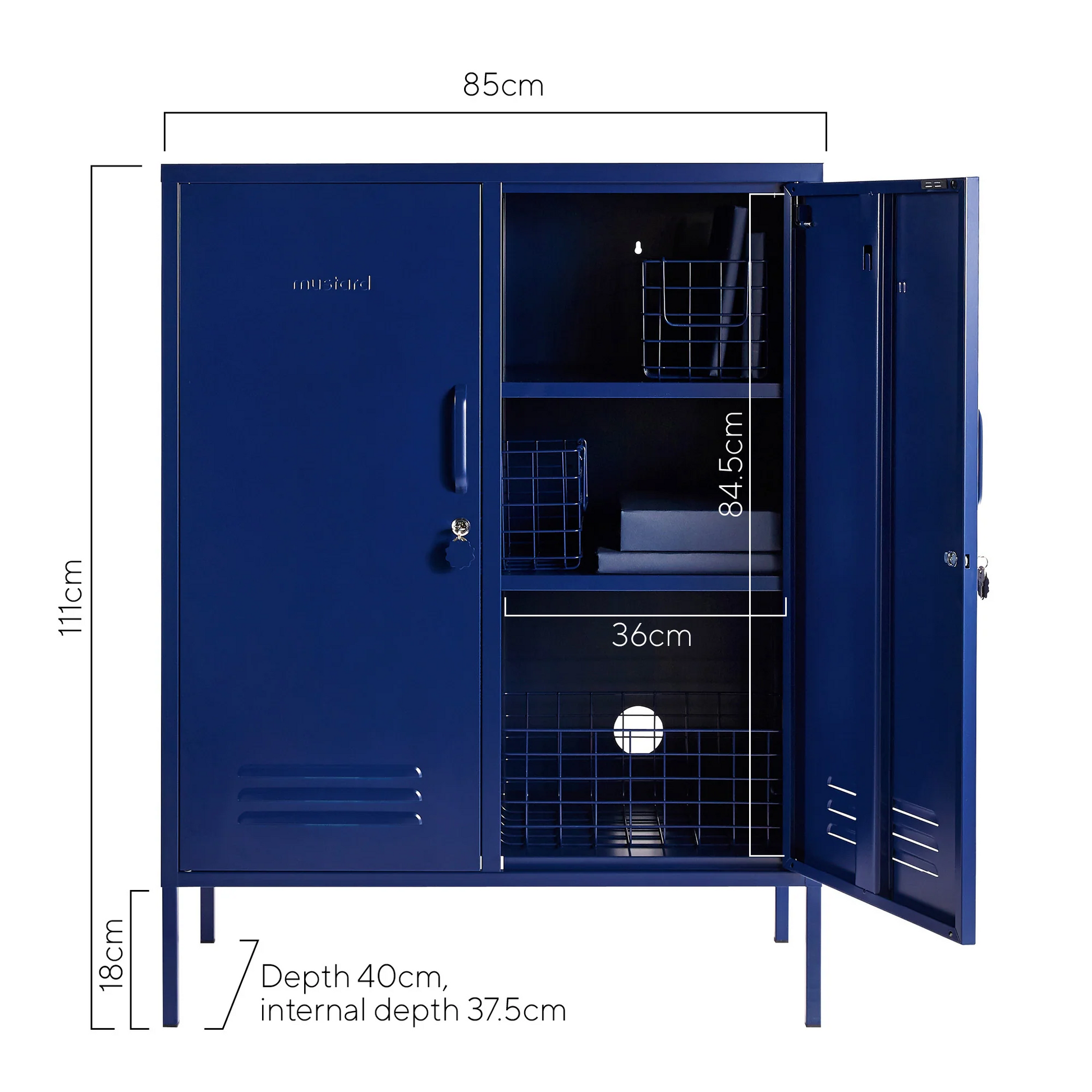 Blue locker with dimensions labeled on a white background