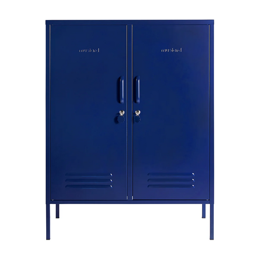 Blue metal locker with branding on a white background