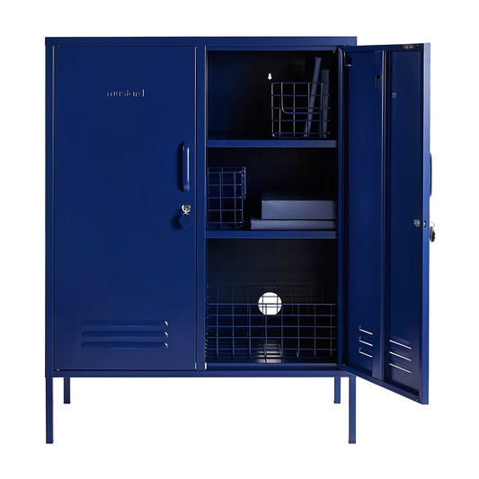 Blue metal locker with open doors on a white background