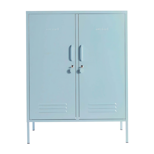 Light blue metal locker with two doors on a white background