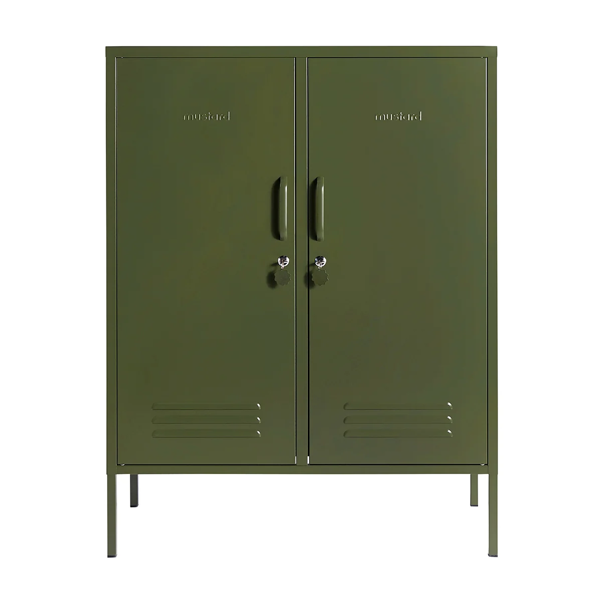 Green metal cabinet with two doors on a white background