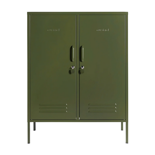 Green metal cabinet with two doors on a white background