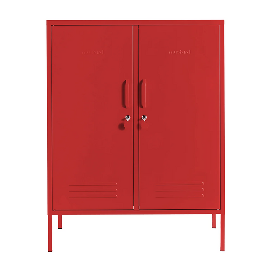 Red metal cabinet with double doors on a white background