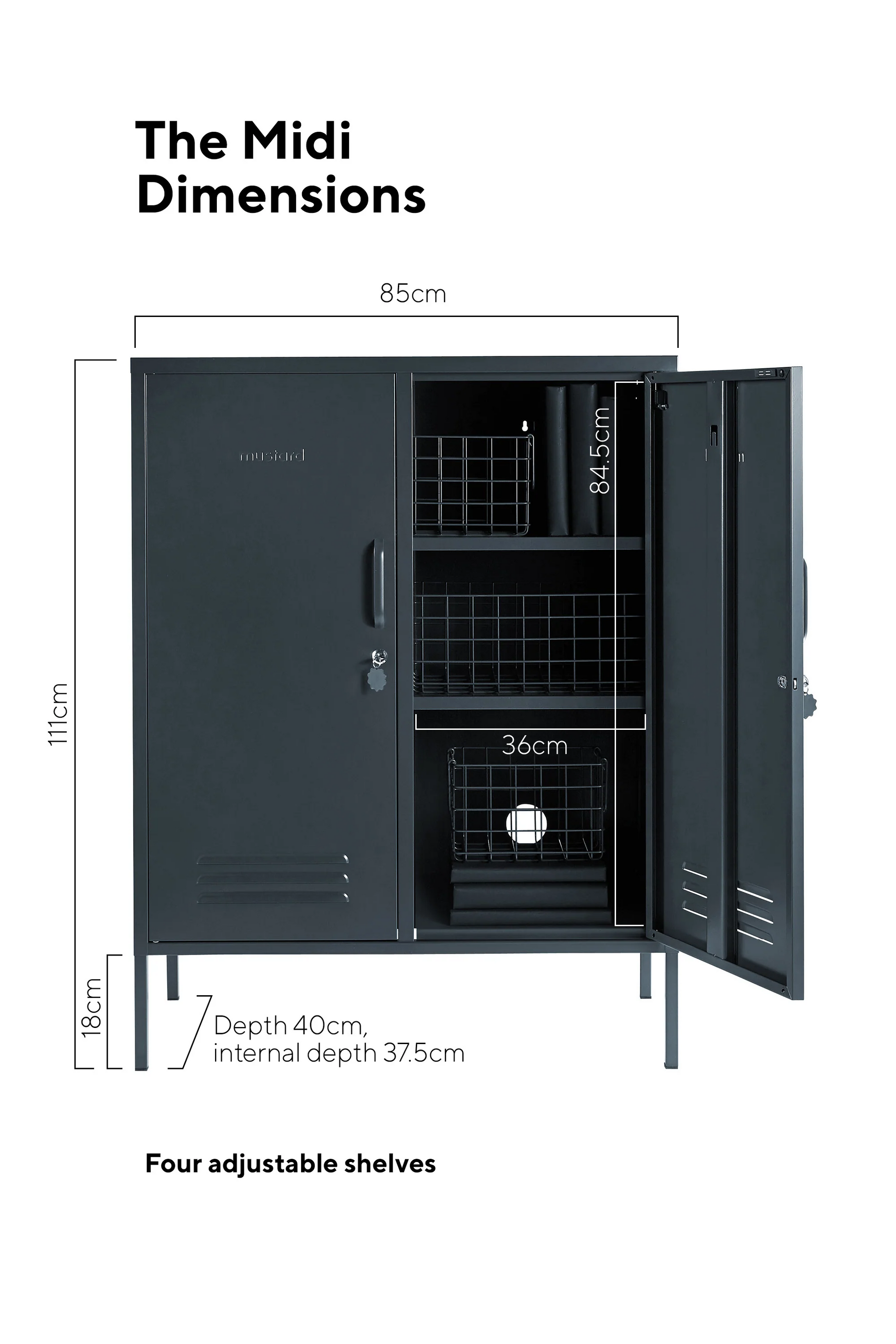 Black storage cabinet with dimensions labeled on a white background