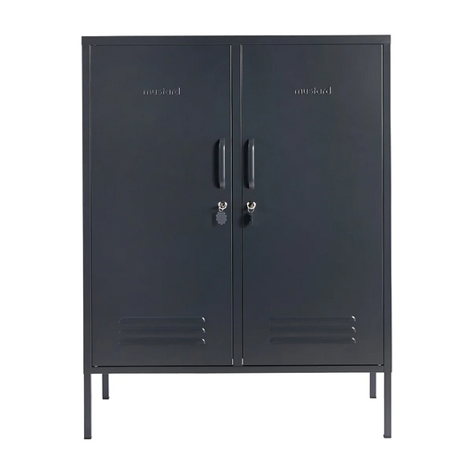 Black metal cabinet with branding on a white background