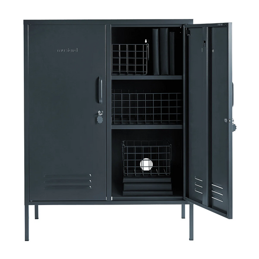 Black metal storage cabinet with open doors on a white background