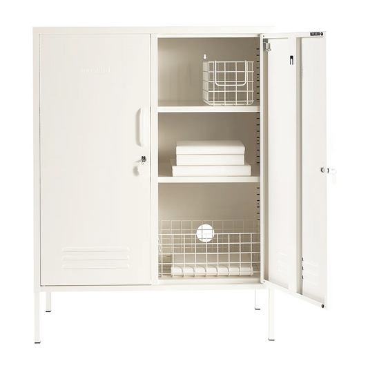 White storage cabinet with white doors on a white background