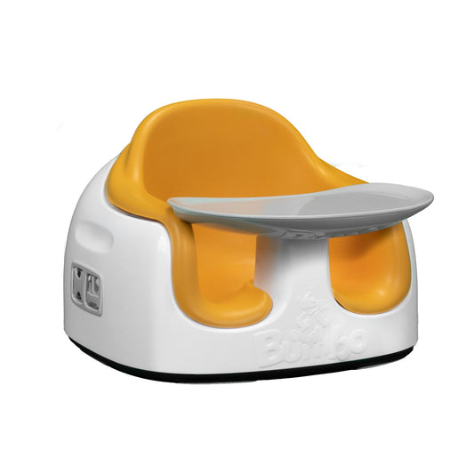 White and yellow baby seat with tray on a white background