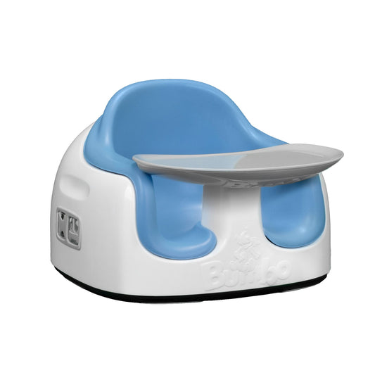 Blue and white baby seat with tray on a white background