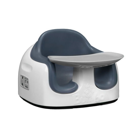 White and gray baby seat with tray on a white background