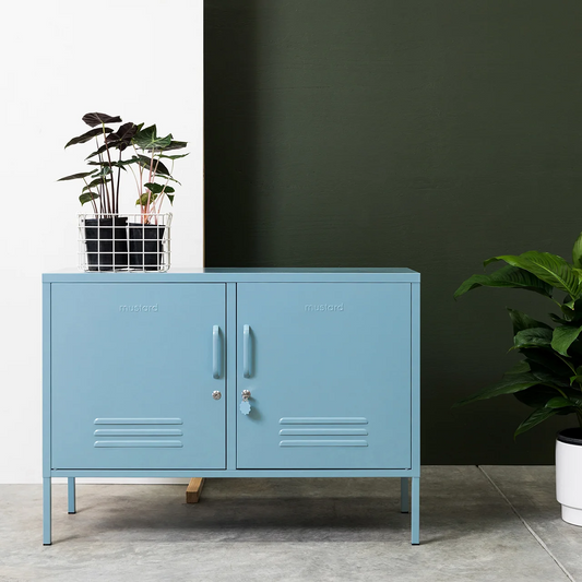 Blue metal cabinet with two doors against a dark green wall with plants around.