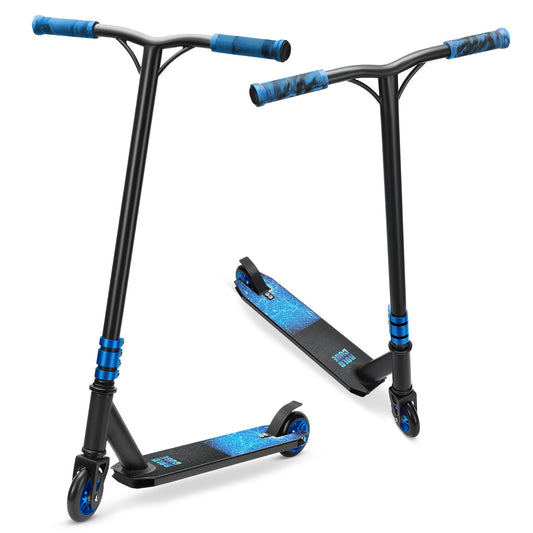 Black and blue scooter on a white background