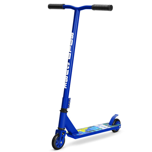 Blue scooter with visible branding on a white background