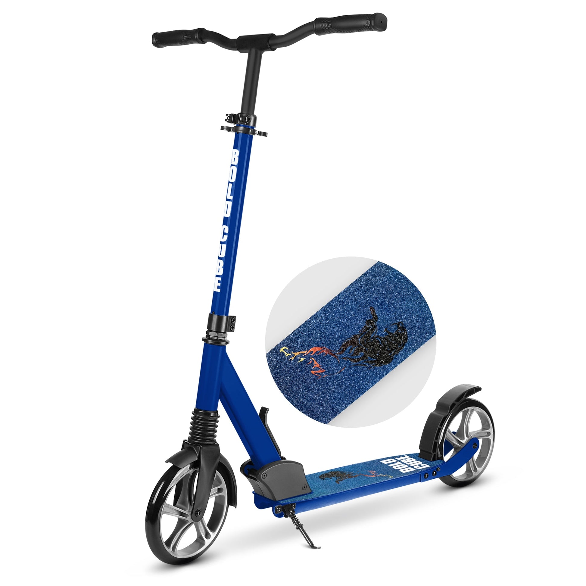 Blue scooter with a close-up of the brand logo on a white background