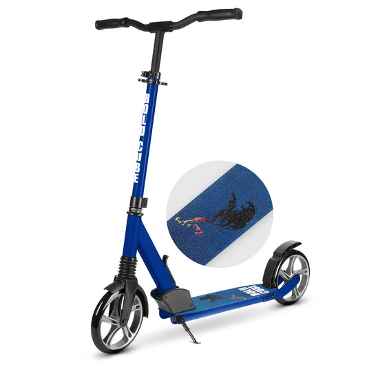 Blue scooter with a close-up of the brand logo on a white background
